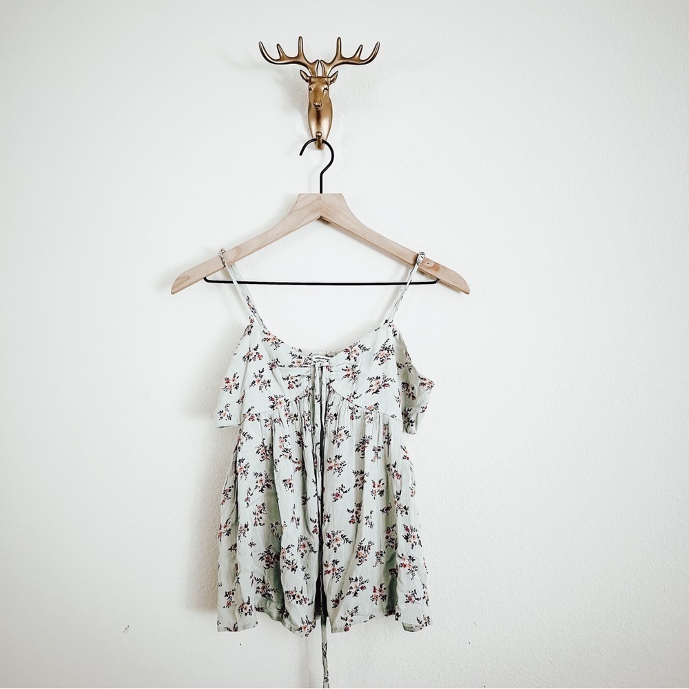 American Eagle Light Gray/Teal Floral Spaghetti Strap Top Size Small